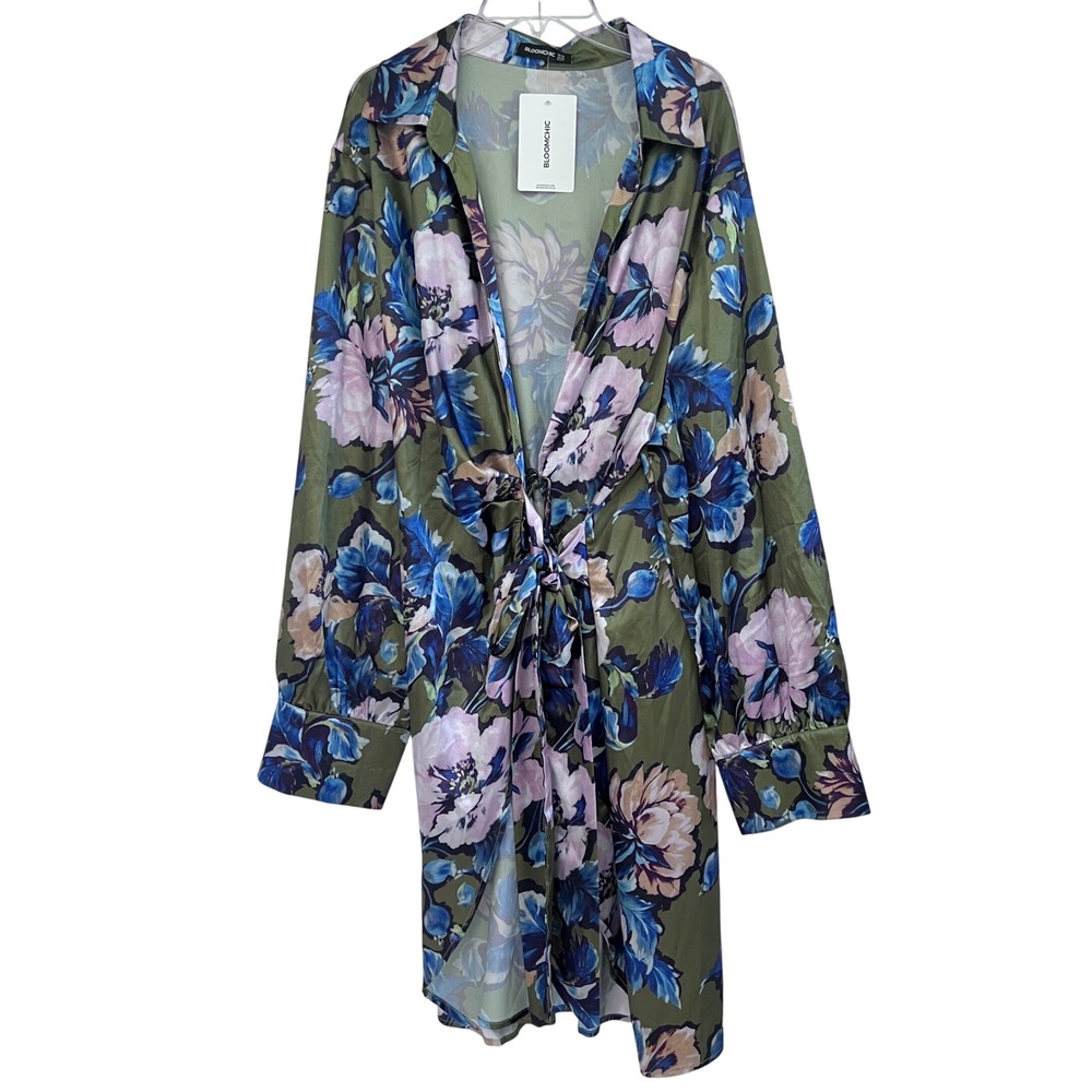 Bloomchic Rich Floral Wrap Dress Green Blue Pink Long Sleeve Size US 18‎